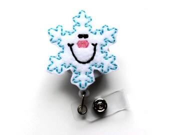 Smiling Snowflake - Retractable ID Badge Reel - Name Badge Holder - Holiday Badge Reel - Nurse Badge Holder - Nursing Badge Clip - Gift