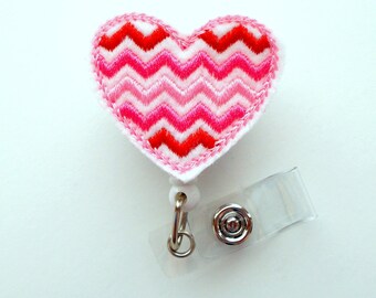 Chevron Pink and Red Heart - Cute Badge Reel - Nurse Badge Holder - Nursing Badge Clip - Teacher Badge Reel - RN Badge Clip - Cardiac Badge
