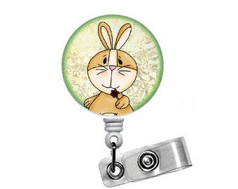 Bunny with Rose Flower 1.5" - Badge Holders - Gift for Her - Hospital Badge Holder - Nurse Badge - School Badge - Easter Badge - Badge Clip
