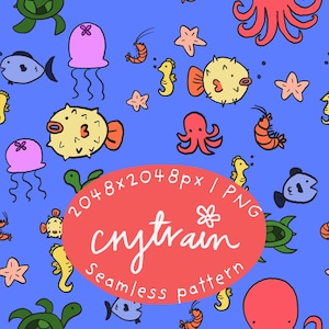 Seamless Ocean Pattern PNG, Cute Sea Animals Repeat, Kids Underwater Illustration, Digital Paper for Fabric, Wallpaper, Scrapbook, POD