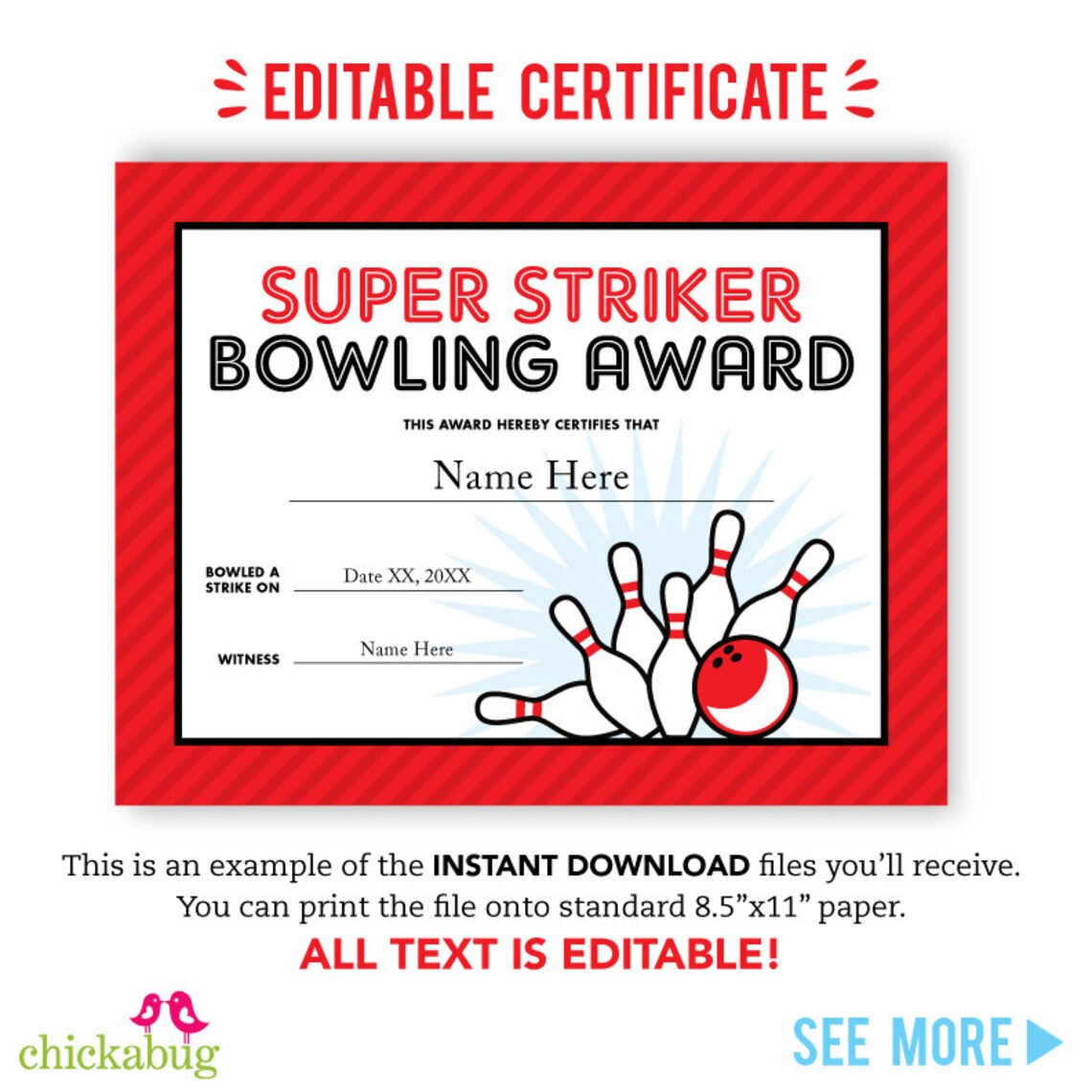 EDITABLE INSTANT DOWNLOAD Bowling Party Certificates | Etsy