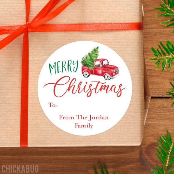Christmas Stickers - Personalized Gift Labels - Vintage Red Truck, Merry Christmas - Sheet of 12 Il_570xn