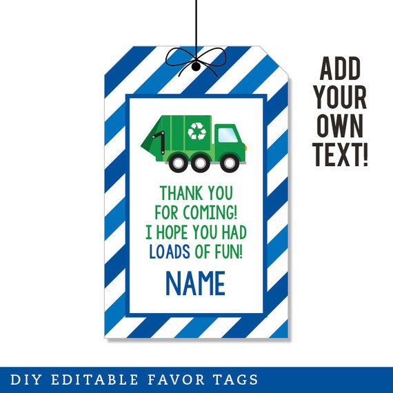 EDITABLE INSTANT DOWNLOAD Blue Garbage Truck Party Favor Tags - Editable, printable garbage truck birthday party favor tags Il_570xn