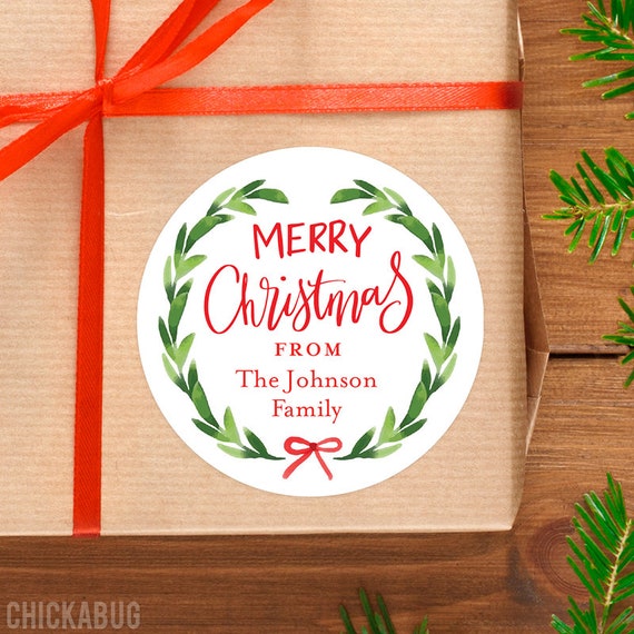 Christmas Stickers - Personalized Gift Labels - Watercolor Wreath Border - Sheet of 12 Il_570xn