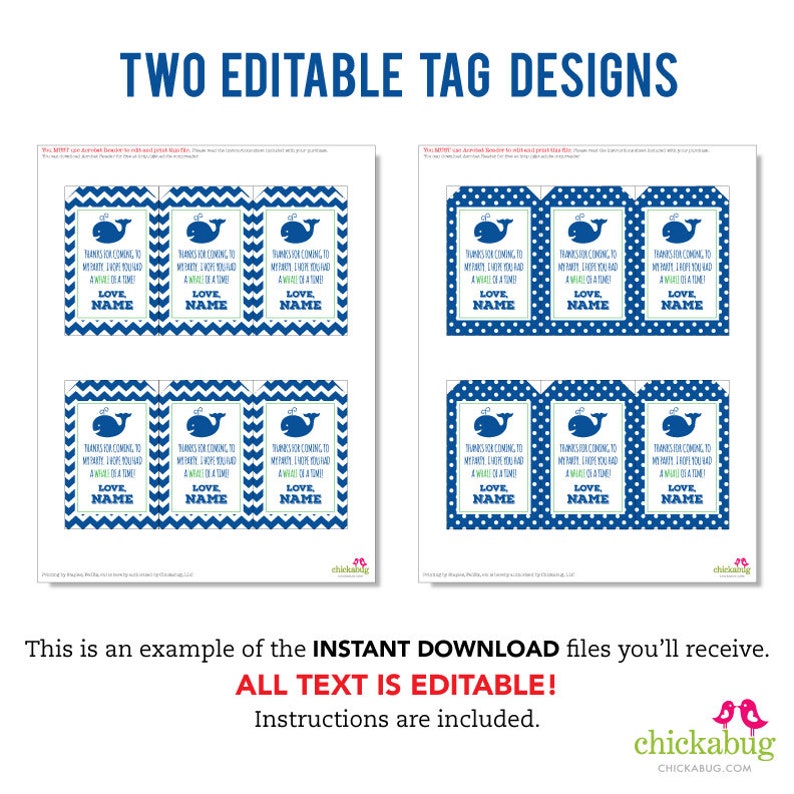 EDITABLE INSTANT DOWNLOAD Whale Party Favor Tags printable whale birthday party favor tags Editable