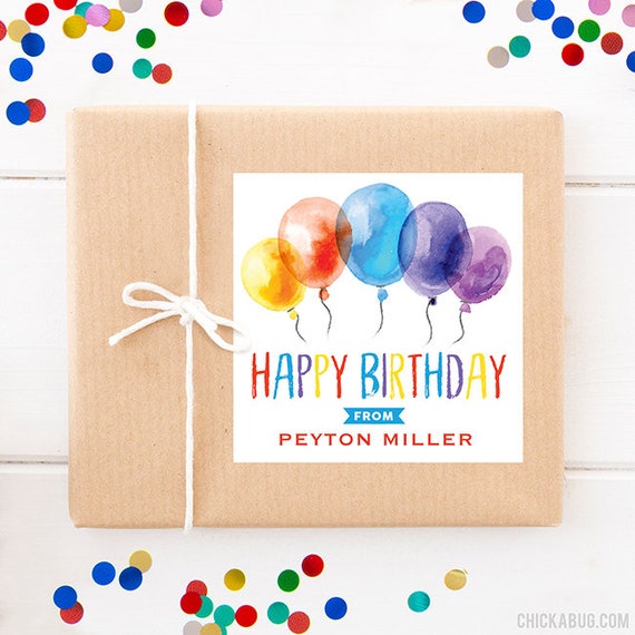 Personalized Birthday Gift Labels - Watercolor Balloons Birthday Present Stickers - Set of 12 Glossy Labels Il_570xn