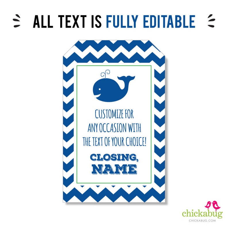 EDITABLE INSTANT DOWNLOAD Whale Party Favor Tags printable whale birthday party favor tags Editable