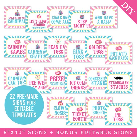 INSTANT DOWNLOAD Pink Carnival or Circus Party Signs - Printable 8x10 Signs, Plus Bonus EDITABLE Signs! Il_570xn