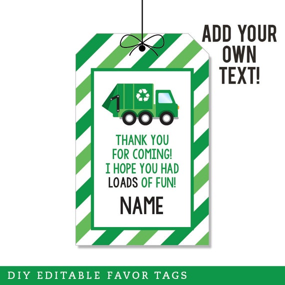 EDITABLE INSTANT DOWNLOAD Garbage Truck Party Favor Tags - Editable, printable garbage truck birthday party favor tags Il_570xn