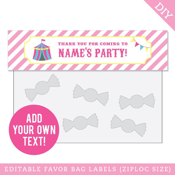 EDITABLE INSTANT DOWNLOAD Pink Carnival or Circus Party Treat Bag Labels (Ziploc size) - Editable, printable birthday party favor labels Il_570xn