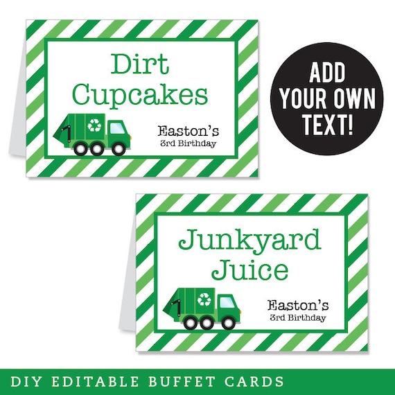 EDITABLE INSTANT DOWNLOAD Garbage Truck Party Buffet Cards - Editable, printable table tent cards Il_570xn