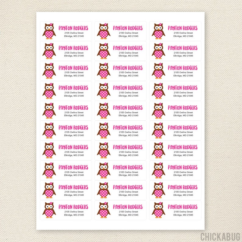 Sheet of 30 Pink Owl Address Labels