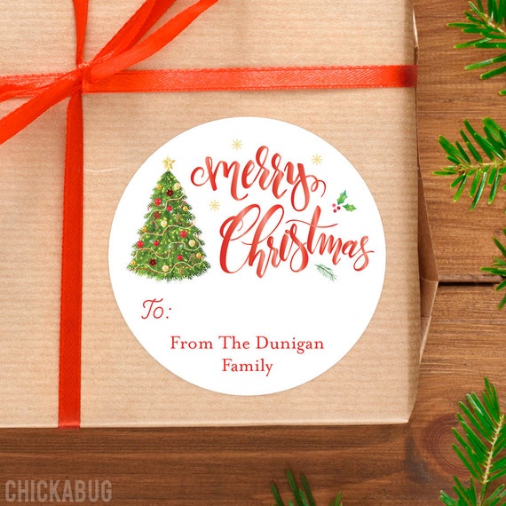Christmas Stickers - Personalized Gift Labels - Watercolor Christmas Tree, Calligraphy Merry Christmas - Sheet of 12 Il_570xn