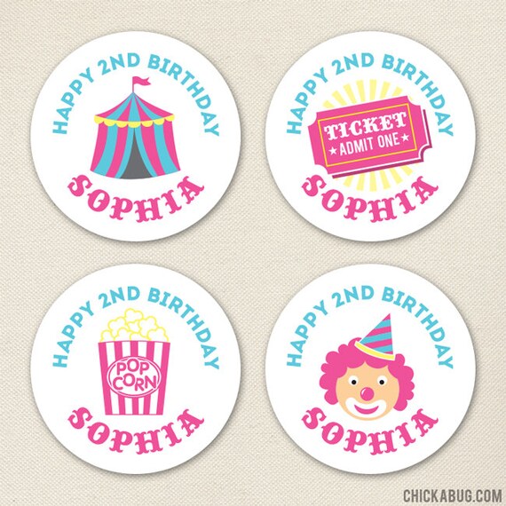 Pink Carnival or Circus Party - Personalized Carnival Birthday Stickers - Sheet of 12 Il_570xn