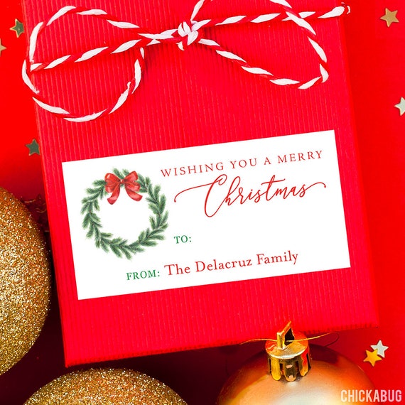 Christmas Gift Labels - Watercolor Wreath, Wishing You A Merry Christmas - Sheet of 14 Il_570xn