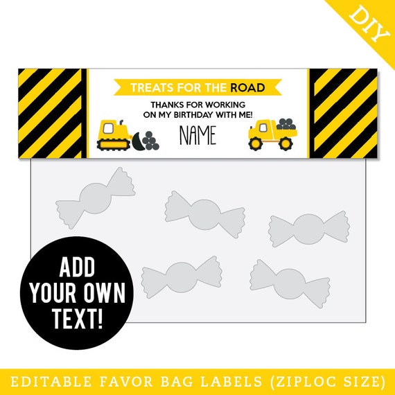 EDITABLE INSTANT DOWNLOAD Construction Party Treat Bag Labels (Ziploc size) - Editable, printable construction party favor labels Il_570xn