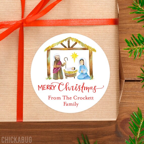 Christmas Stickers - Personalized Gift Labels - Watercolor Nativity Scene - Sheet of 12 Il_570xn