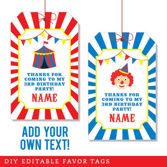 EDITABLE INSTANT DOWNLOAD Carnival Party Favor Tags - Circus Party Favor Tags - Editable, printable birthday party favor tags Il_570xn