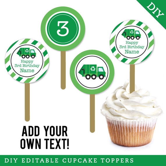 EDITABLE INSTANT DOWNLOAD Garbage Truck Party Cupcake Toppers - Editable, printable birthday party cupcake toppers Il_570xn