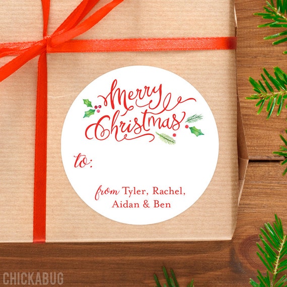 Christmas Stickers - Personalized Gift Labels - Merry Christmas in Calligraphy with Holly - Sheet of 12 Il_570xn