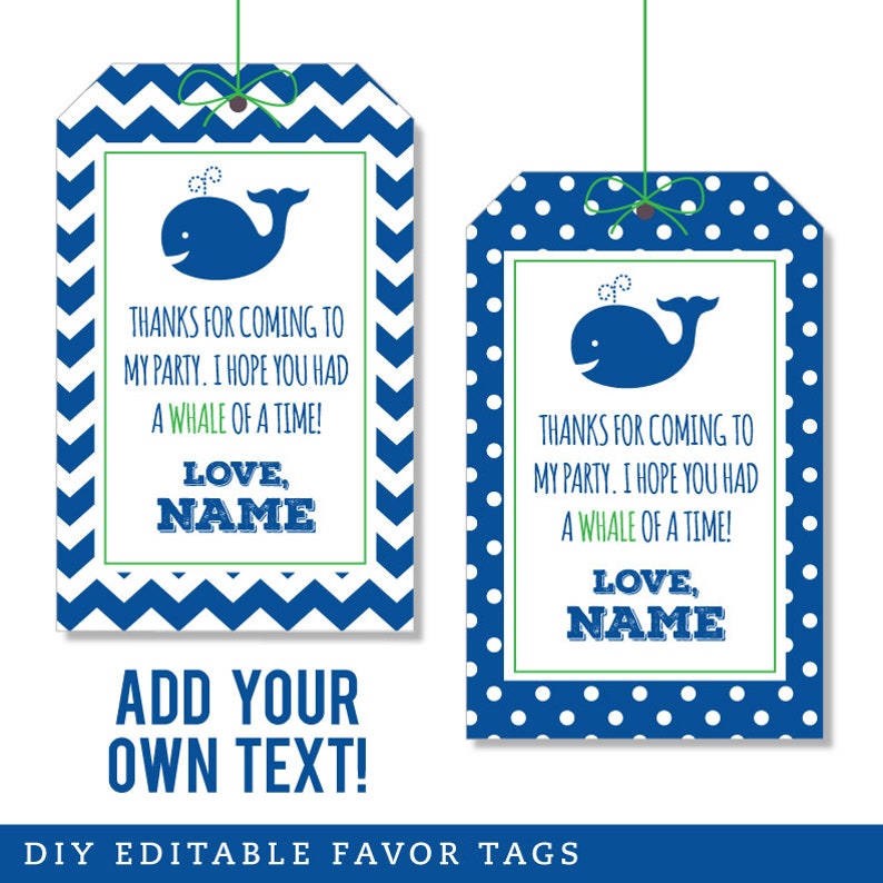 EDITABLE INSTANT DOWNLOAD Whale Party Favor Tags printable whale birthday party favor tags Editable