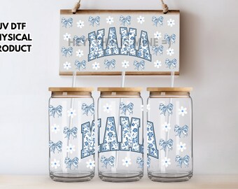 Mama Blue Floral Daisy UV DTF Wrap Transfer 16oz | No Heat Needed | Waterproof | Permanent Adhesive