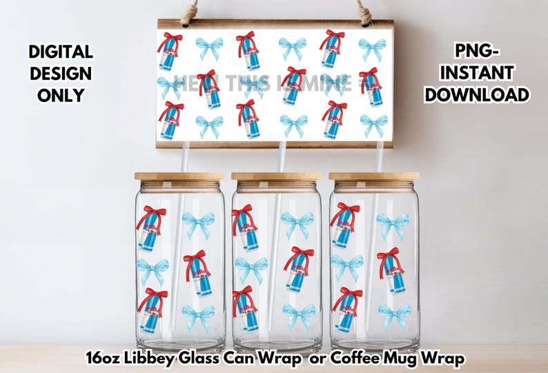 May include: Clear glass can wraps with bamboo lids, featuring a repeating pattern of blue and red gift boxes and bows. A wooden sign above displays the same pattern. Text on the sign reads "HERA THIS MINE". The image also includes the text "DIGITAL DESIGN ONLY" and "PNG-INSTANT DOWNLOAD".