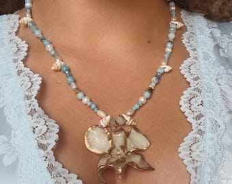 Real Orchid Larimar Necklace | Preserved Flower, Pearl, Opal, Aquamarine Beads