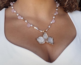 Handmade Real Orchid Necklace | Rose Quartz Amethyst Crystal Jewelry