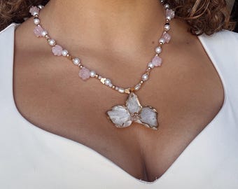 Ethereal Real Orchid Necklace | Rose Quartz Crystal Jewelry | Feminine Energy Necklace