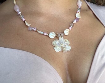 Real Preserved Orchid Necklace | Rose Quartz Amethyst Crystal Jewelry | Feminine Energy Jewelry