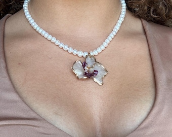 Real Orchid Necklace | Freshwater Pearl Necklace | Feminine Energy Jewelry