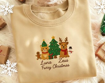 ペット用全身プリントクリスマススウェットシャツ - 刺繍入り犬/猫とツリー、ペットオーナーへのパーソナライズギフト、ユニセックスペットポートレートスウェットシャツ