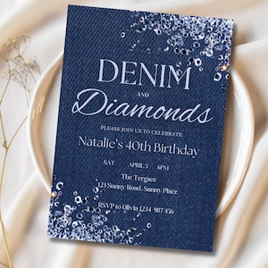 Denim and Diamonds Birthday Invitation | Party Invite | Denim and Diamond Invite | 40th Birthday Invitation for Women |