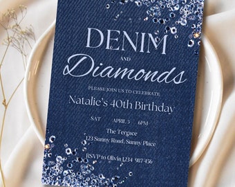 Verjaardagsuitnodiging denim en diamanten | Feestuitnodiging | Uitnodiging van denim en diamant | 40e verjaardagsuitnodiging voor vrouwen |