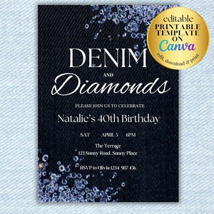 Digital Denim and Diamonds Invitation Birthday Invitation | Denim and Diamond | 60th 40th Birthday Invitation for Women | Glamorous Invite