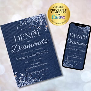 Digital Denim and Diamonds Invitation Birthday Invitation | Denim and Diamond Invite | 40th Birthday Invitation for Women | Glamorous Invite
