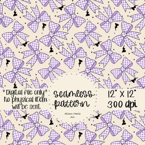 May include: A seamless digital pattern featuring light purple and white checkered bows on a cream background, accented with small black lightning bolts and dots. The image includes text stating digital file only, no physical item, 12 inches by 12 inches, 300 dpi.
