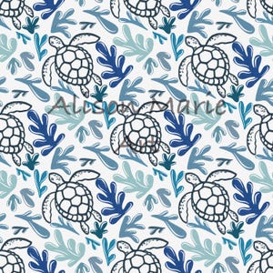 May include: A repeating pattern featuring sea turtles and coral in shades of blue and teal on a white background. The turtles are outlined in black, and the coral has a hand-drawn aesthetic. The text "Alissa Marie 2024" is visible.
