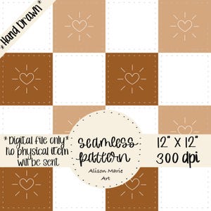 Könnte beinhalten: Digitales nahtloses Musterdesign mit einem Raster aus weißen, beigen und braunen Quadraten. Jedes Quadrat enthält ein weißes Herz mit Strahlenlinien. Der Text lautet "Hand Drawn", "Digital file only", "seamless pattern", und "12" x 12" 300 dpi". Das Muster ist 30,48 cm x 30,48 cm groß.