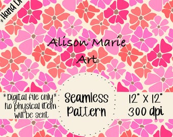 Retro Pink Floral Seamless Pattern - 300 DPI - Digital download only