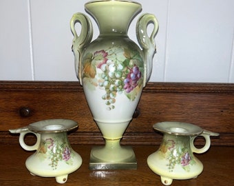 Antique A&C hand painted Bavarian vase and candle holders.