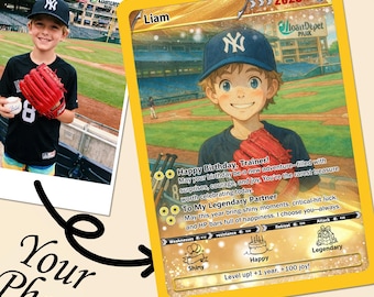 May include: A custom birthday anime game card featuring a photo and an anime-style illustration of a boy in a baseball uniform. The card has a yellow border and includes text such as "Happy Birthday, Trainer!" and "To My Legendary Partner."