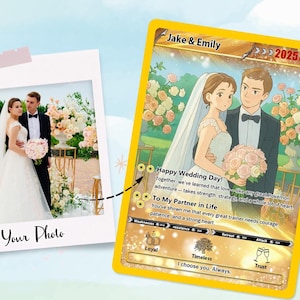 Carte de mariage photo anime personnalisée - Cadeau pour couple personnalisé, souvenir inspiré des Pokémon, carte photo pour les mariés, cadeau pour les couples geeks