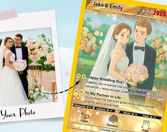 Custom Anime Photo Wedding Card – Personalized Couple Gift, Pokémon-Inspired Keepsake, Photo Card for Bride & Groom, Gift for Geeky Couples
