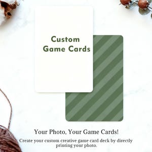 May include: Two custom game cards. One card is white with the text "Custom Game Cards" in green. The other card has a green diagonal striped pattern. The image also includes decorative elements.