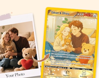 May include: Custom anniversary anime game card featuring a couple and teddy bears. The card has the names "Ethan & Olivia" and the year "2023". A photo is also included with the text "Your Photo".