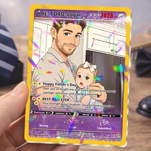 Peut inclure: Une carte de la f&ecirc;te des p&egrave;res personnalis&eacute;e avec une illustration d'un p&egrave;re et d'un enfant. La carte a une bordure jaune et le texte "Best Dad: Logan" et "Happy Father's Day". D'autres articles dans l'image incluent une montre, une cravate et des chaussures.