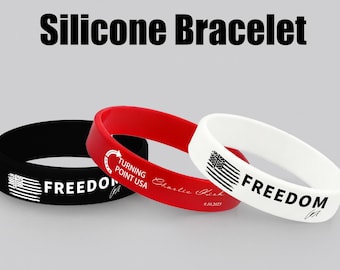 Charlie Kirk &quot;FREEDOM&quot; Silicone Bracelet, Laser Engraved Charlie Kirk Memorial Bracelet, Charlie Kirk Tribute Bracelet, American Flag