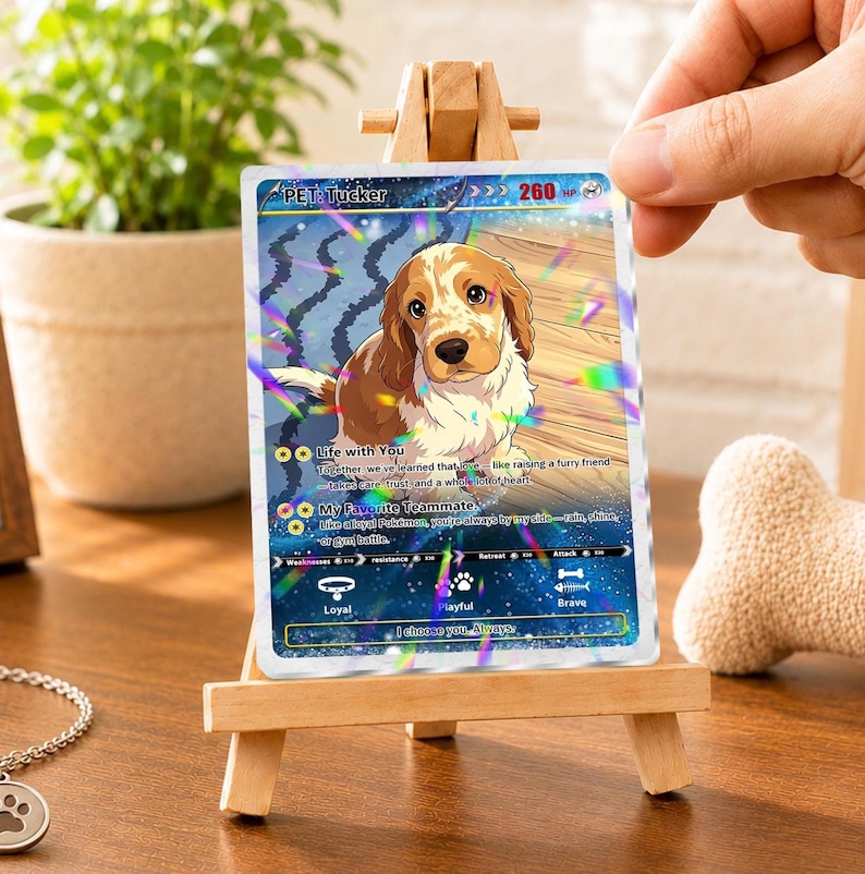 May include: A rectangular trading card featuring a brown and white spaniel puppy illustration with the text PET: Tucker, 260 HP, and various game statistics. The card has a holographic finish with rainbow light reflections and a dark blue starry base.